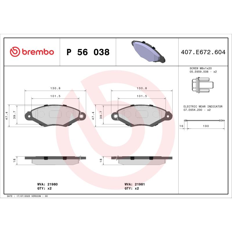 Jeu de 4 plaquettes de frein avant BREMBO P 56 038 - Visuel 1