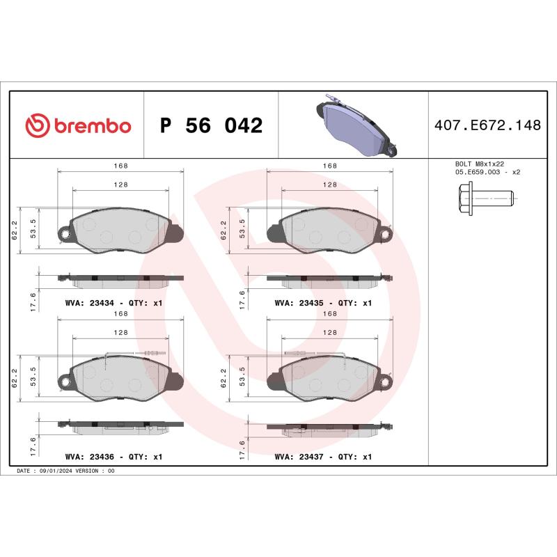 Jeu de 4 plaquettes de frein avant BREMBO P 56 042 - Visuel 1