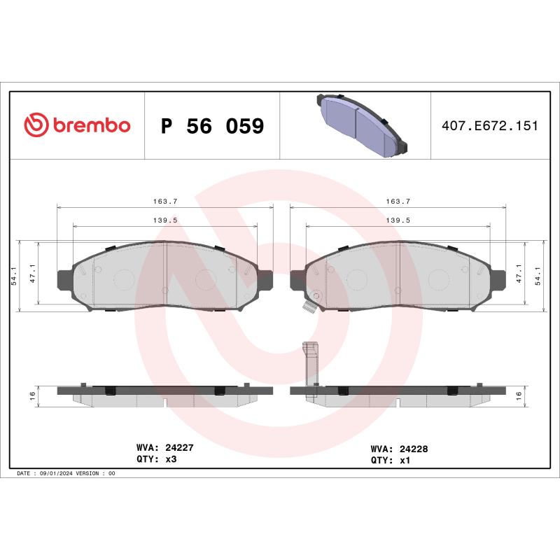 Jeu de 4 plaquettes de frein avant BREMBO P 56 059 - Visuel 1