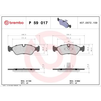 Jeu de 4 plaquettes de frein avant BREMBO P 59 017 pour OPEL COMBO 2.0 - 110cv