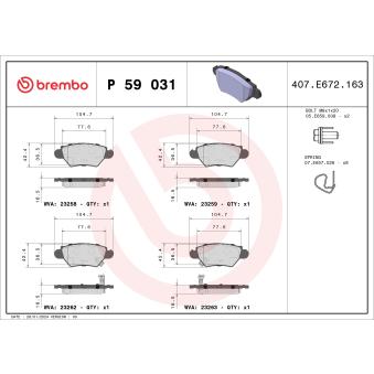 Jeu de 4 plaquettes de frein arrière BREMBO OEM 9195147 Jeu de 4 plaquettes de frein arrière BREMBO OEM 9195147