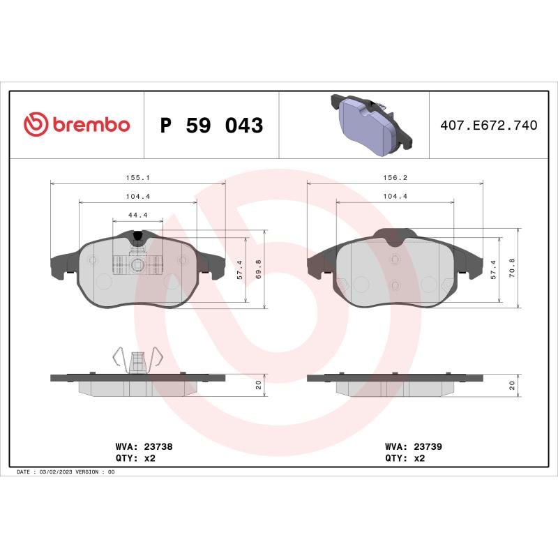 Jeu de 4 plaquettes de frein avant BREMBO P 59 043 - Visuel 1