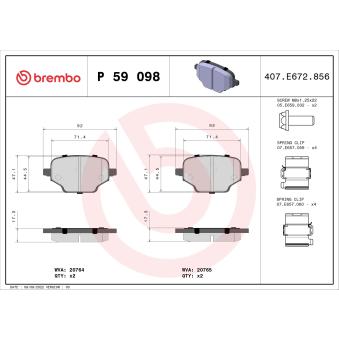 Jeu de 4 plaquettes de frein arrière BREMBO P 59 098 pour FORD FOCUS PureTech 110 - 110cv
