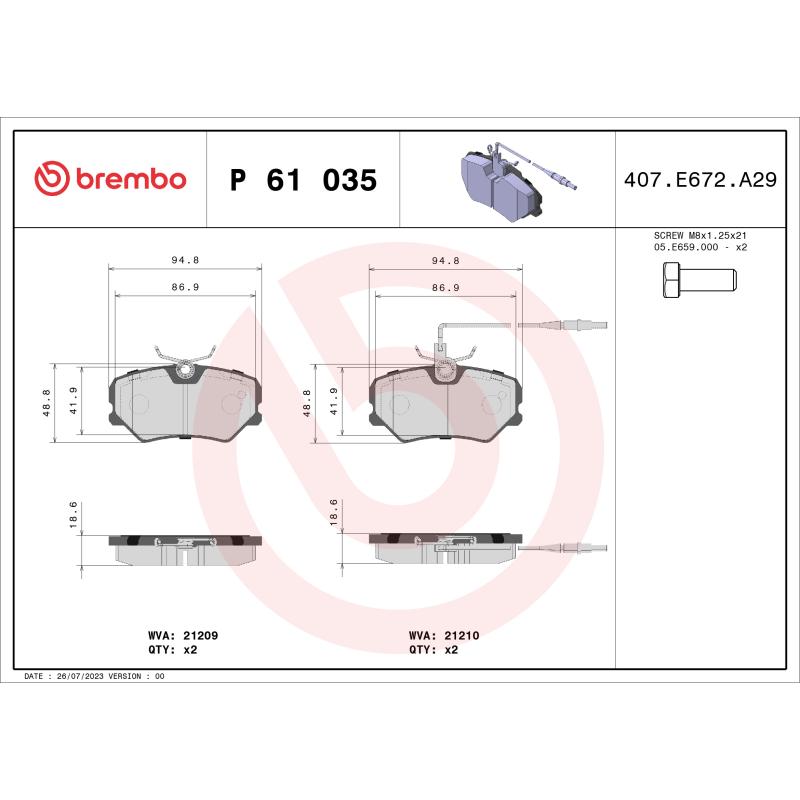 Jeu de 4 plaquettes de frein avant BREMBO P 61 035 - Visuel 1