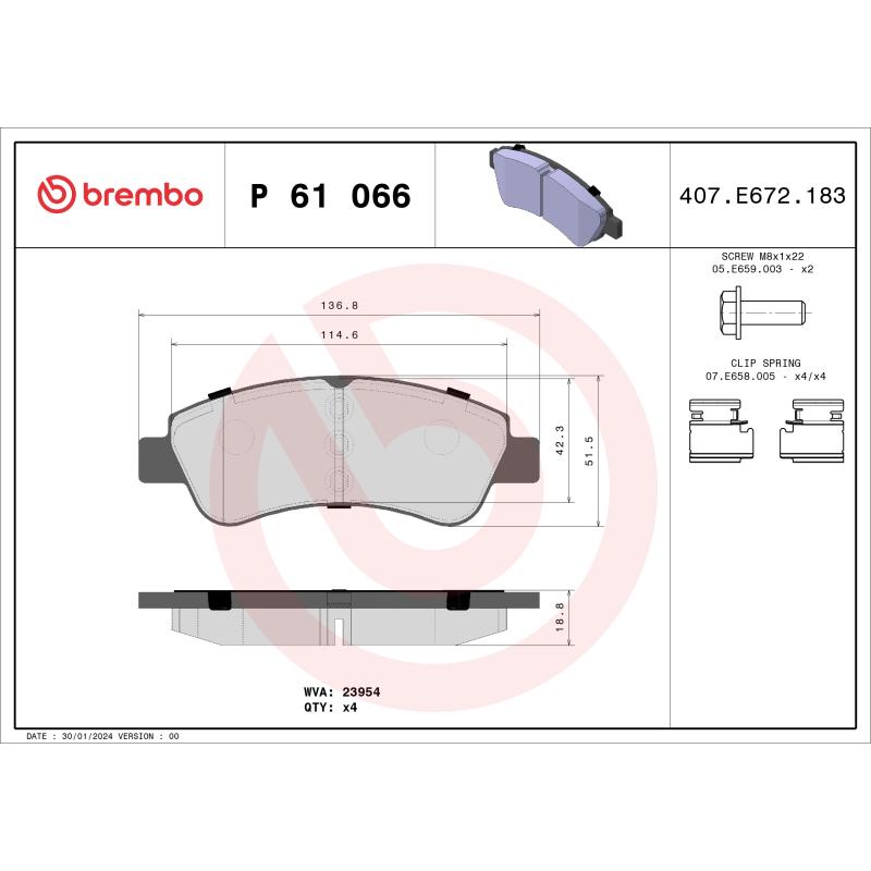 Jeu de 4 plaquettes de frein avant BREMBO P 61 066 - Visuel 1