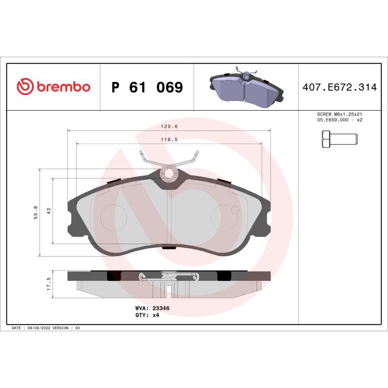 Jeu de 4 plaquettes de frein avant BREMBO P 61 069 - Visuel 1
