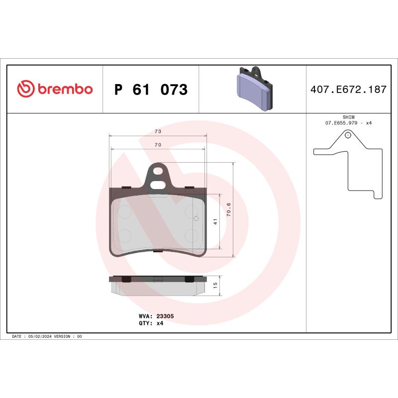 Jeu de 4 plaquettes de frein arrière BREMBO P 61 073 - Visuel 1
