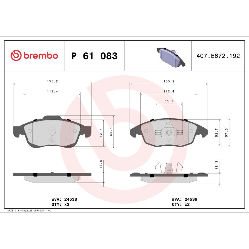 Jeu de 4 plaquettes de frein avant BREMBO P 61 083 - Visuel 1