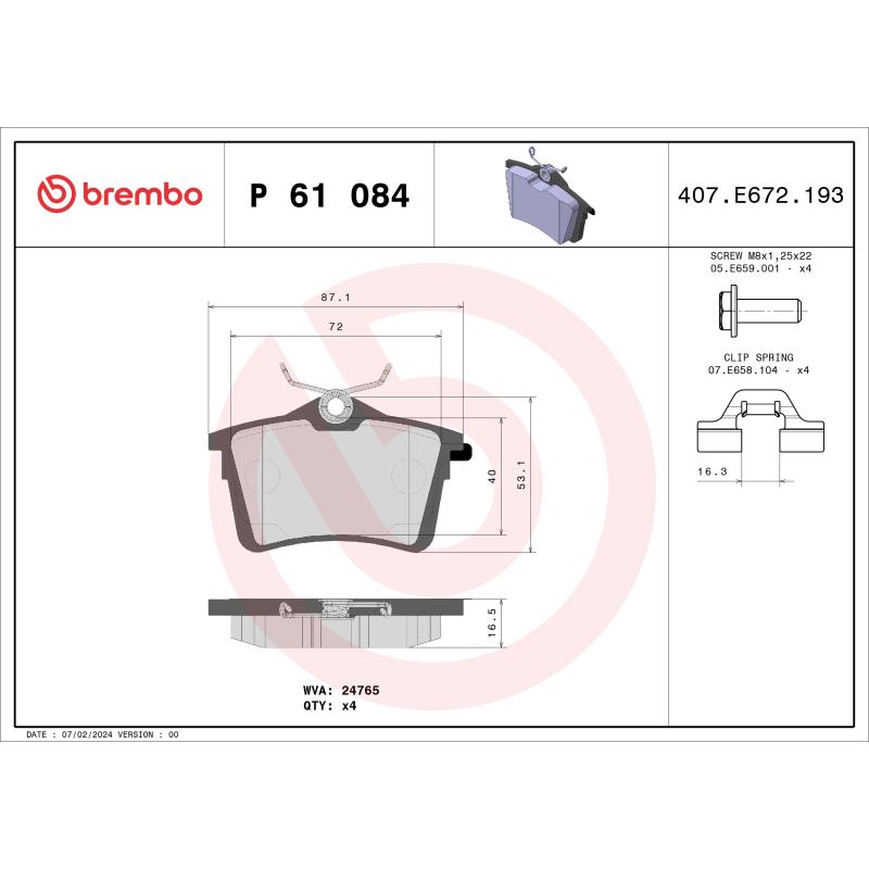 Jeu de 4 plaquettes de frein arrière BREMBO P 61 084 - Visuel 1