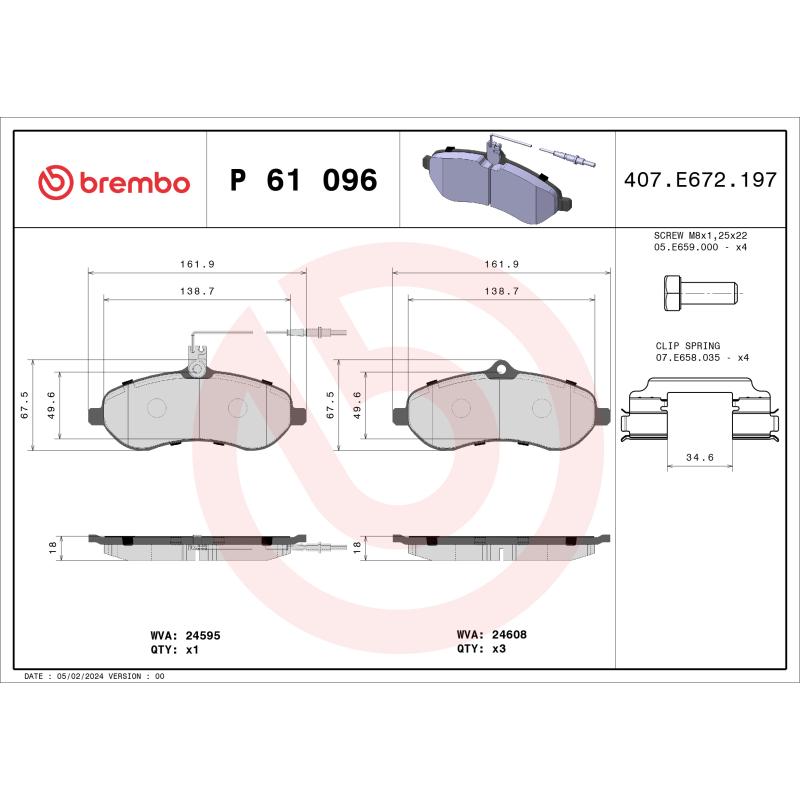Jeu de 4 plaquettes de frein avant BREMBO P 61 096 - Visuel 1
