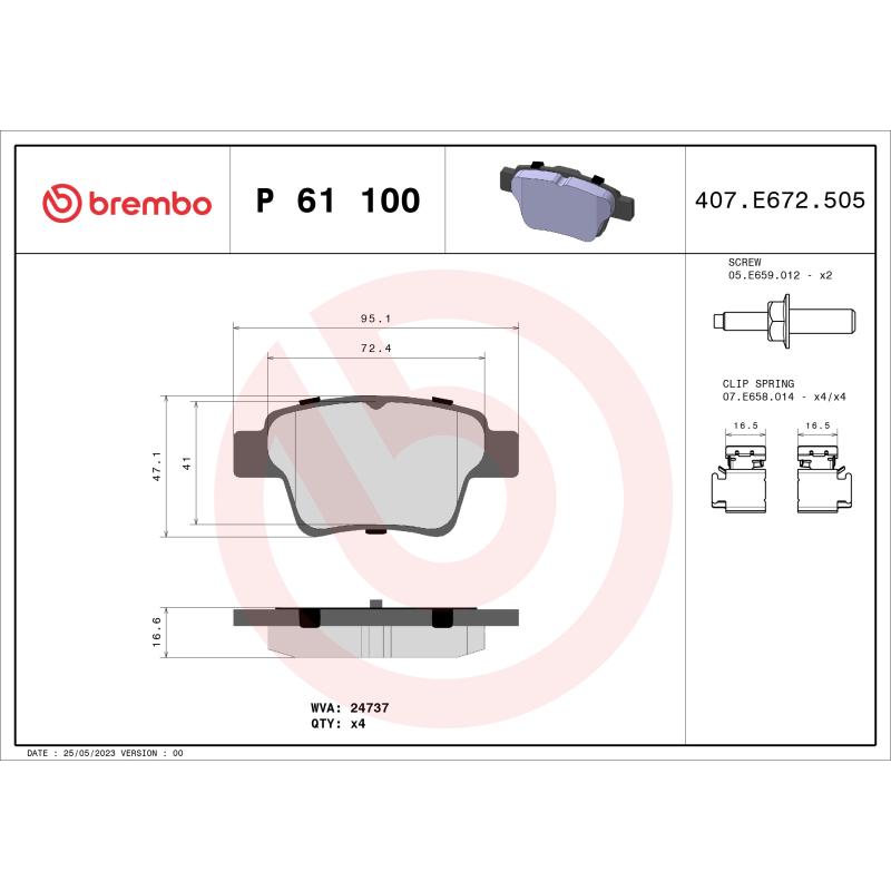 Jeu de 4 plaquettes de frein arrière BREMBO P 61 100 - Visuel 1
