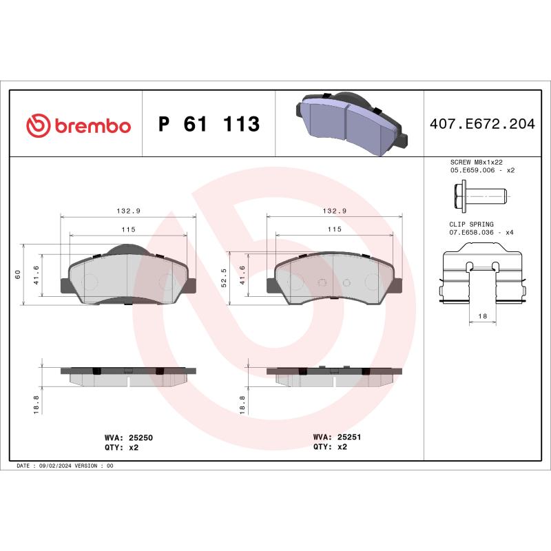 Jeu de 4 plaquettes de frein avant BREMBO P 61 113 - Visuel 1