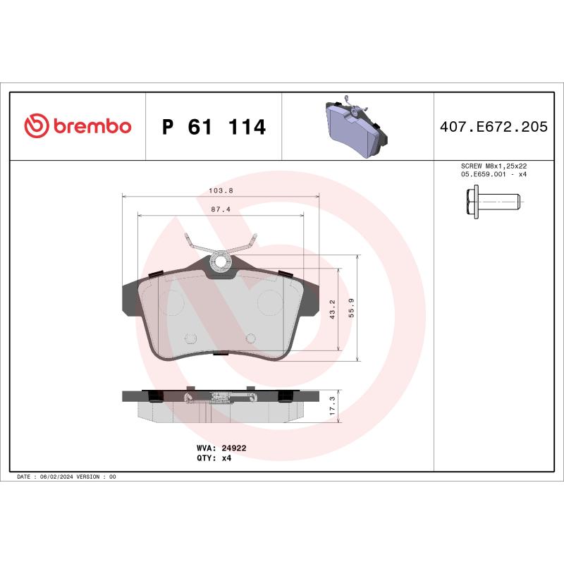 Jeu de 4 plaquettes de frein arrière BREMBO P 61 114 - Visuel 1