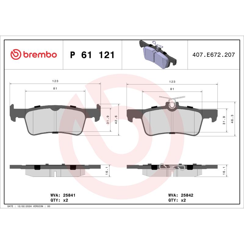 Jeu de 4 plaquettes de frein arrière BREMBO P 61 121 - Visuel 1
