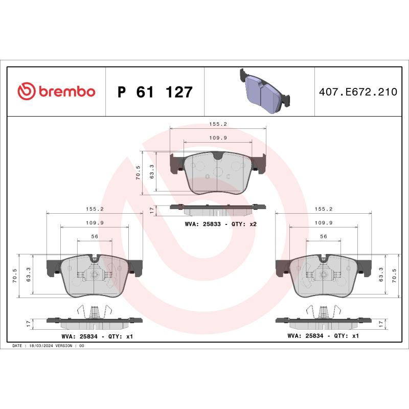 Jeu de 4 plaquettes de frein avant BREMBO P 61 127 - Visuel 1