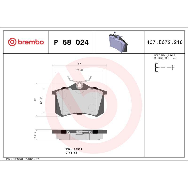 Jeu de 4 plaquettes de frein arrière BREMBO P 68 024 - Visuel 1