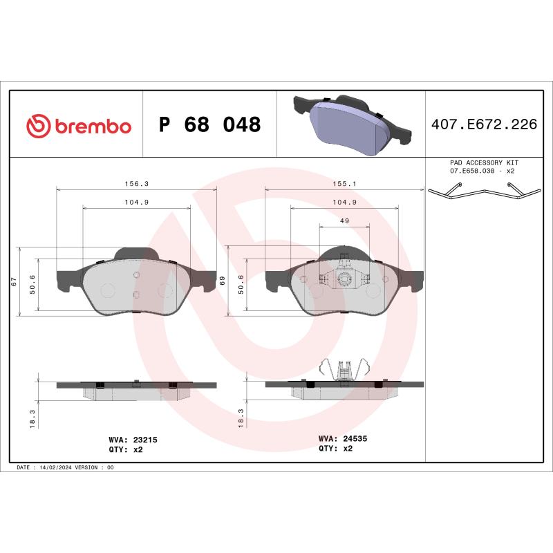 Jeu de 4 plaquettes de frein avant BREMBO P 68 048 - Visuel 1