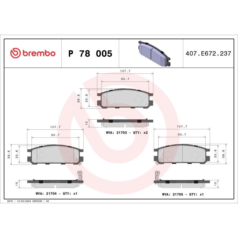 Jeu de 4 plaquettes de frein arrière BREMBO P 78 005 - Visuel 1