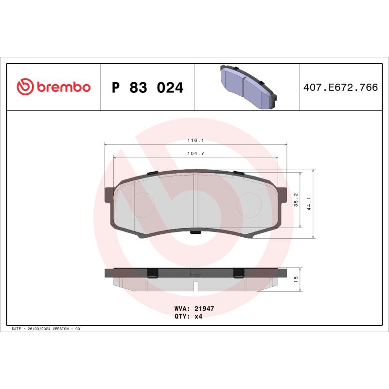 Jeu de 4 plaquettes de frein arrière BREMBO P 83 024 - Visuel 1