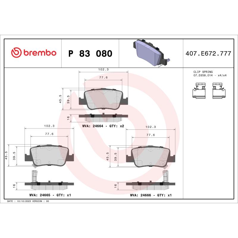 Jeu de 4 plaquettes de frein arrière BREMBO P 83 080 - Visuel 1