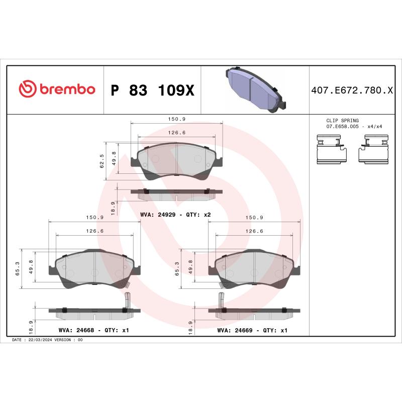 Jeu de 4 plaquettes de frein avant BREMBO P 83 109X - Visuel 1
