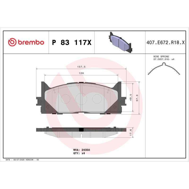 Jeu de 4 plaquettes de frein avant BREMBO P 83 117X - Visuel 1