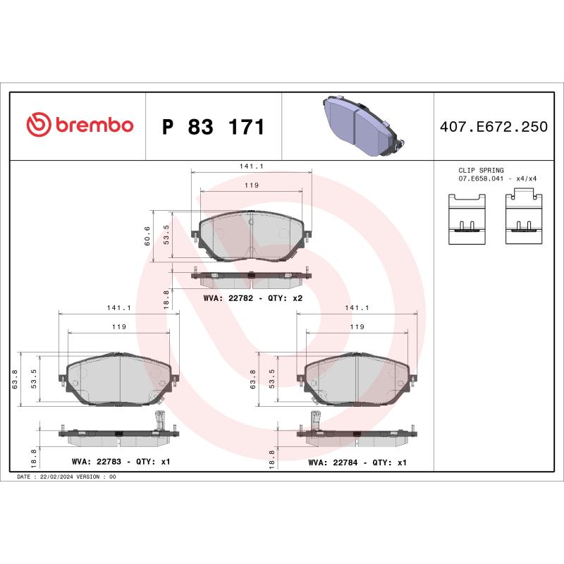 Jeu de 4 plaquettes de frein avant BREMBO P 83 171 - Visuel 1