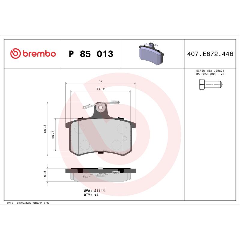 Jeu de 4 plaquettes de frein arrière BREMBO P 85 013 - Visuel 1