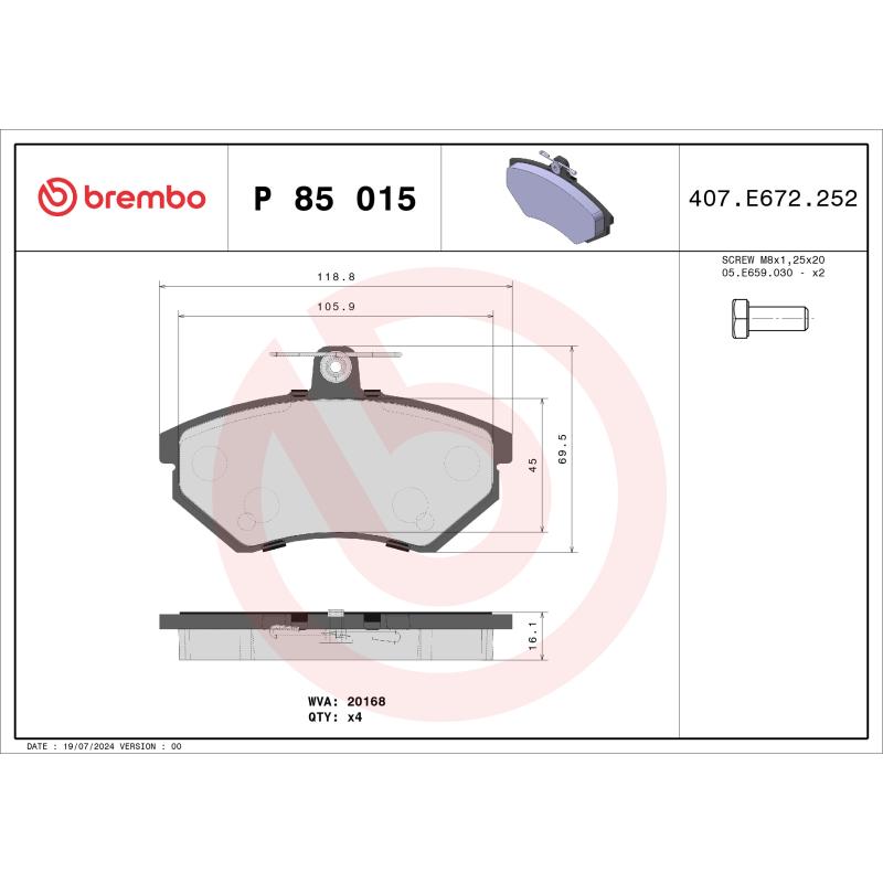 Jeu de 4 plaquettes de frein avant BREMBO P 85 015 - Visuel 1