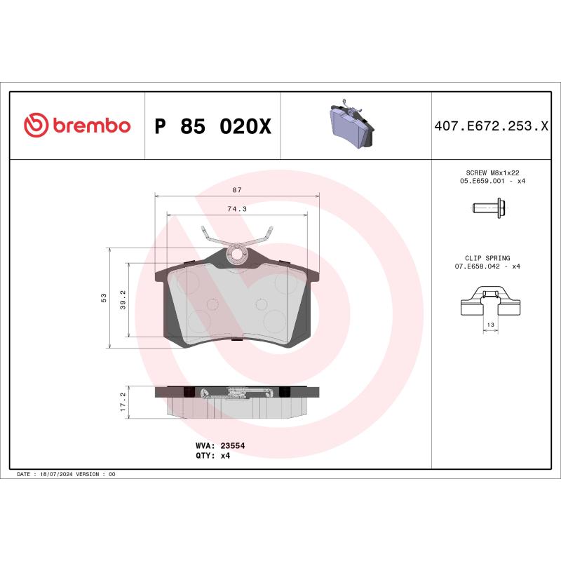 Jeu de 4 plaquettes de frein arrière BREMBO P 85 020X - Visuel 1