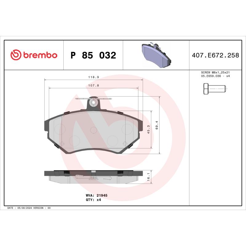 Jeu de 4 plaquettes de frein avant BREMBO P 85 032 - Visuel 1