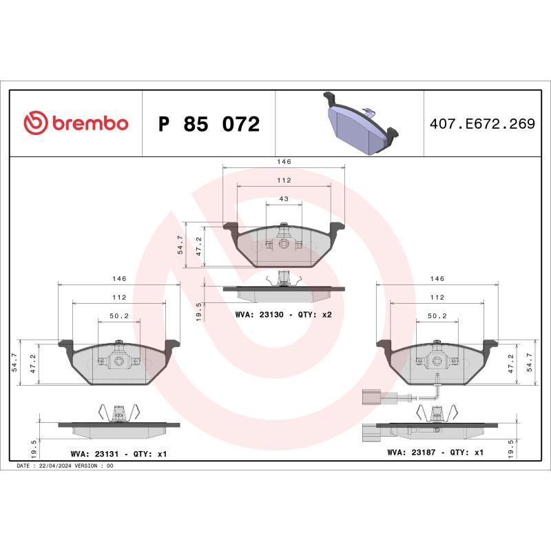 Jeu de 4 plaquettes de frein avant BREMBO P 85 072 - Visuel 1