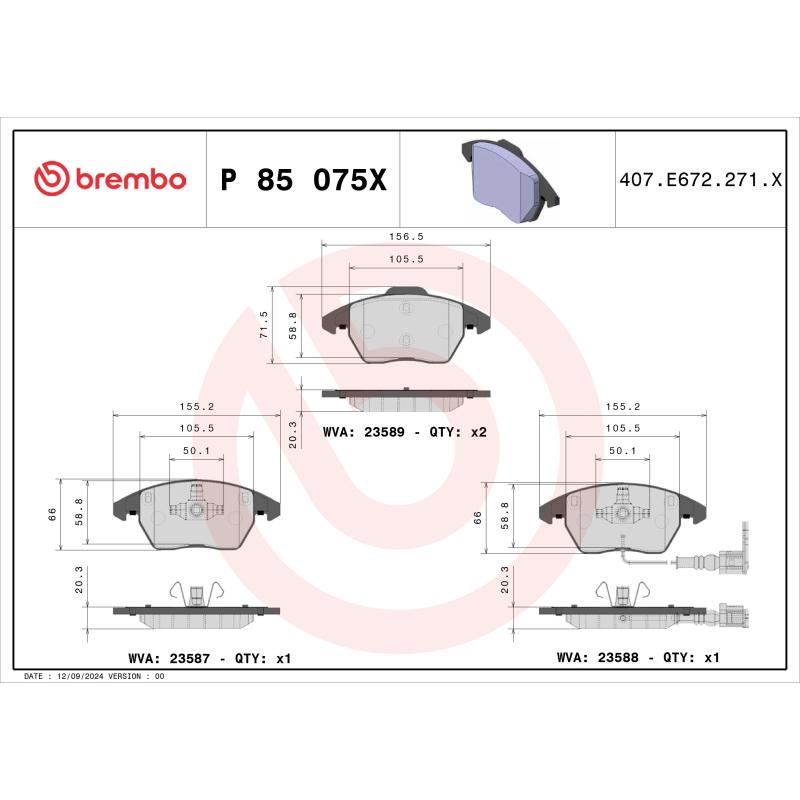 Jeu de 4 plaquettes de frein avant BREMBO P 85 075X - Visuel 1