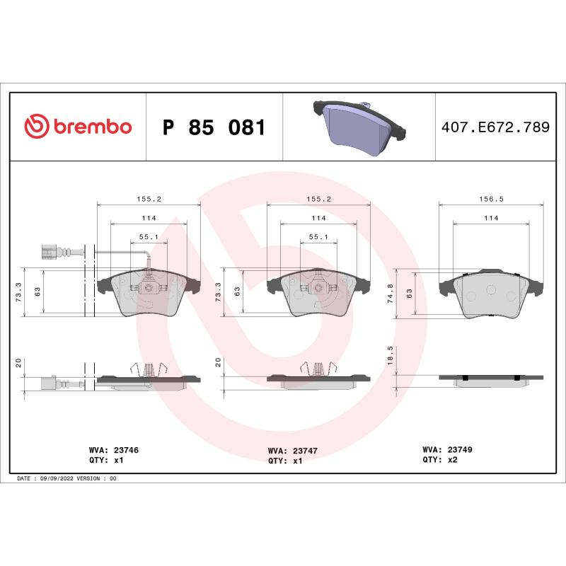 Jeu de 4 plaquettes de frein avant BREMBO P 85 081 - Visuel 1