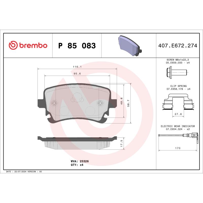 Jeu de 4 plaquettes de frein arrière BREMBO P 85 083 - Visuel 1