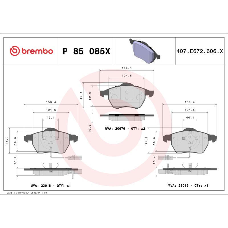 Jeu de 4 plaquettes de frein avant BREMBO P 85 085X - Visuel 1