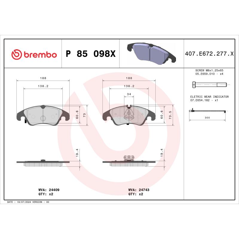Jeu de 4 plaquettes de frein avant BREMBO P 85 098X - Visuel 1