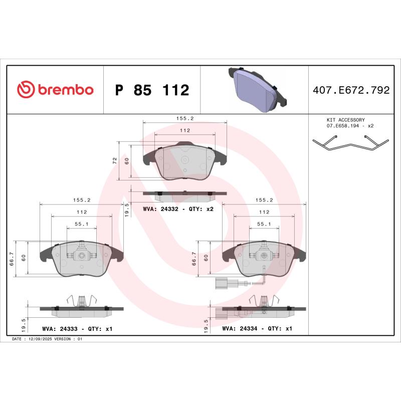 Jeu de 4 plaquettes de frein avant BREMBO P 85 112 - Visuel 1