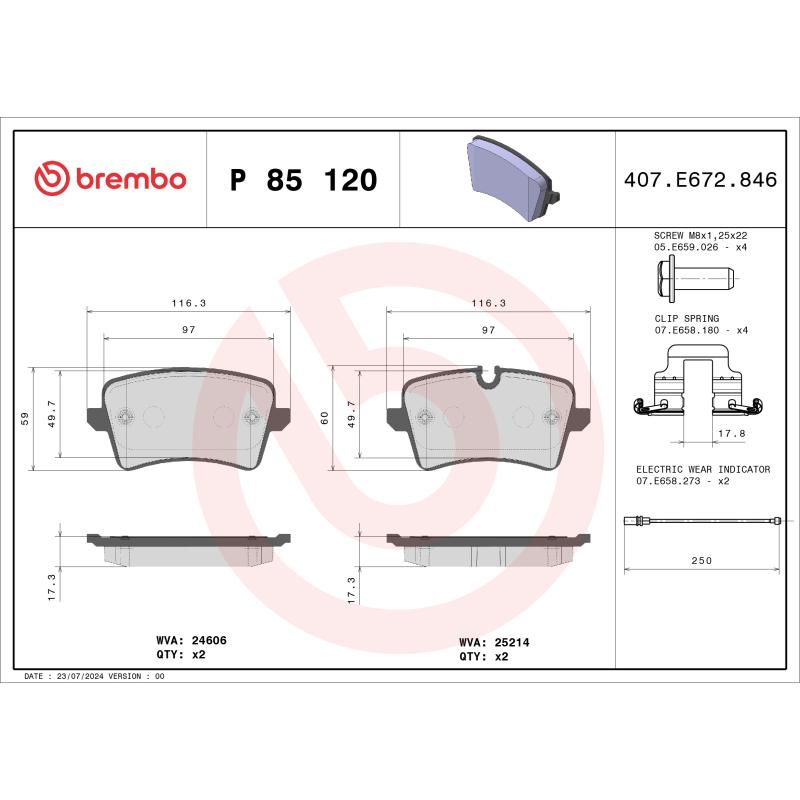 Jeu de 4 plaquettes de frein arrière BREMBO P 85 120 - Visuel 1