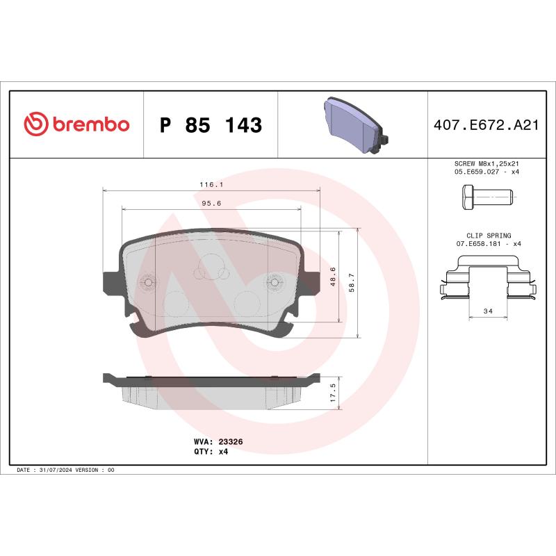 Jeu de 4 plaquettes de frein arrière BREMBO P 85 143 - Visuel 1
