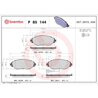 Jeu de 4 plaquettes de frein avant BREMBO P 85 144 pour FORD TRANSIT 1.0 TSI e-TEC - 110cv