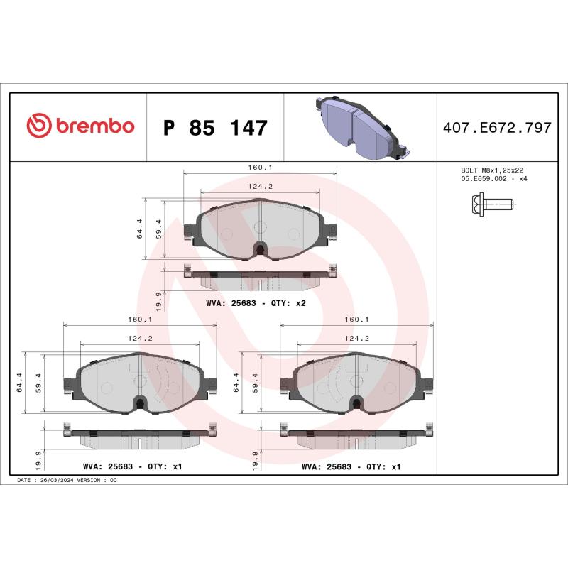 Jeu de 4 plaquettes de frein avant BREMBO P 85 147 - Visuel 1