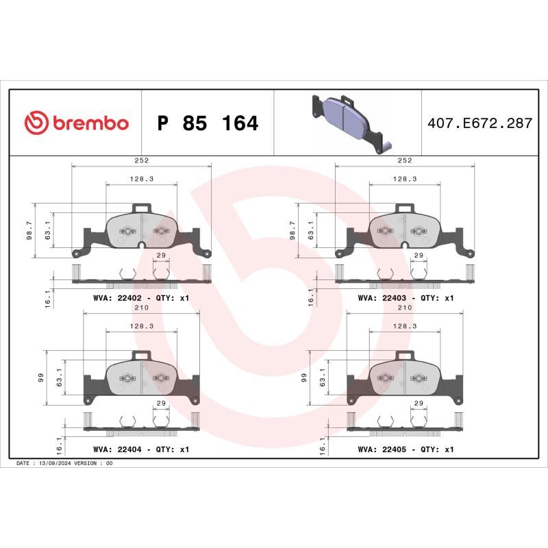 Jeu de 4 plaquettes de frein avant BREMBO P 85 164 - Visuel 1