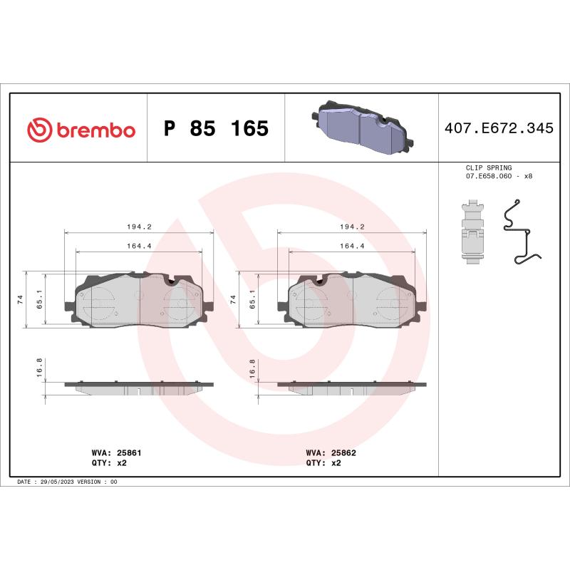 Jeu de 4 plaquettes de frein avant BREMBO P 85 165 - Visuel 1