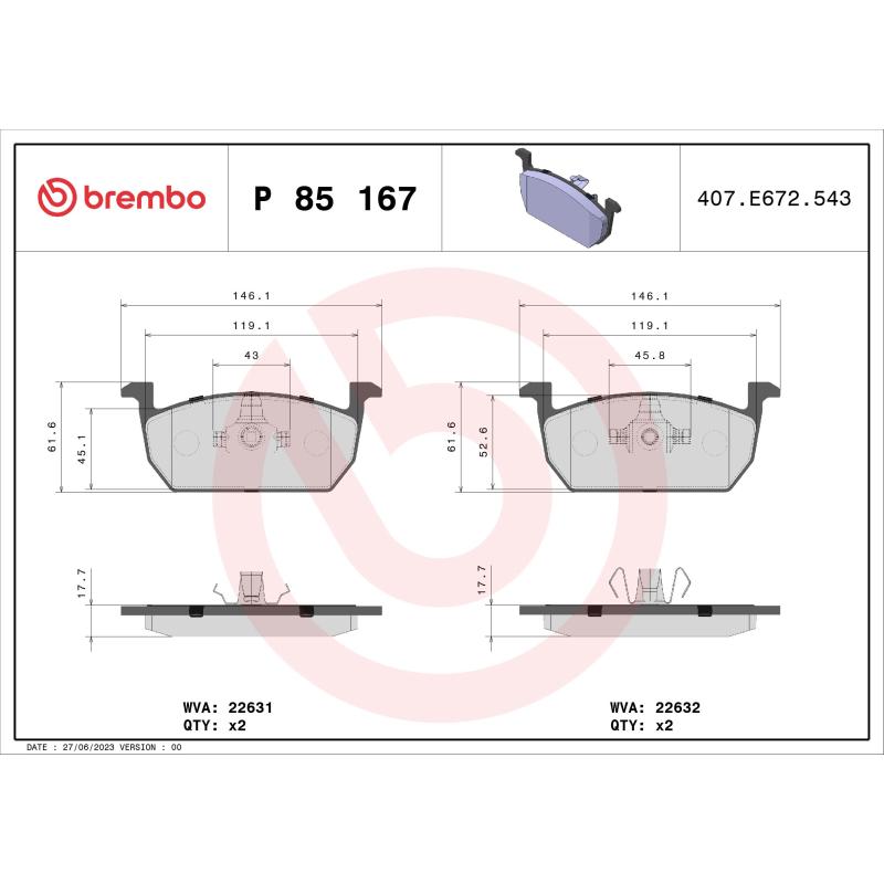 Jeu de 4 plaquettes de frein avant BREMBO P 85 167 - Visuel 1