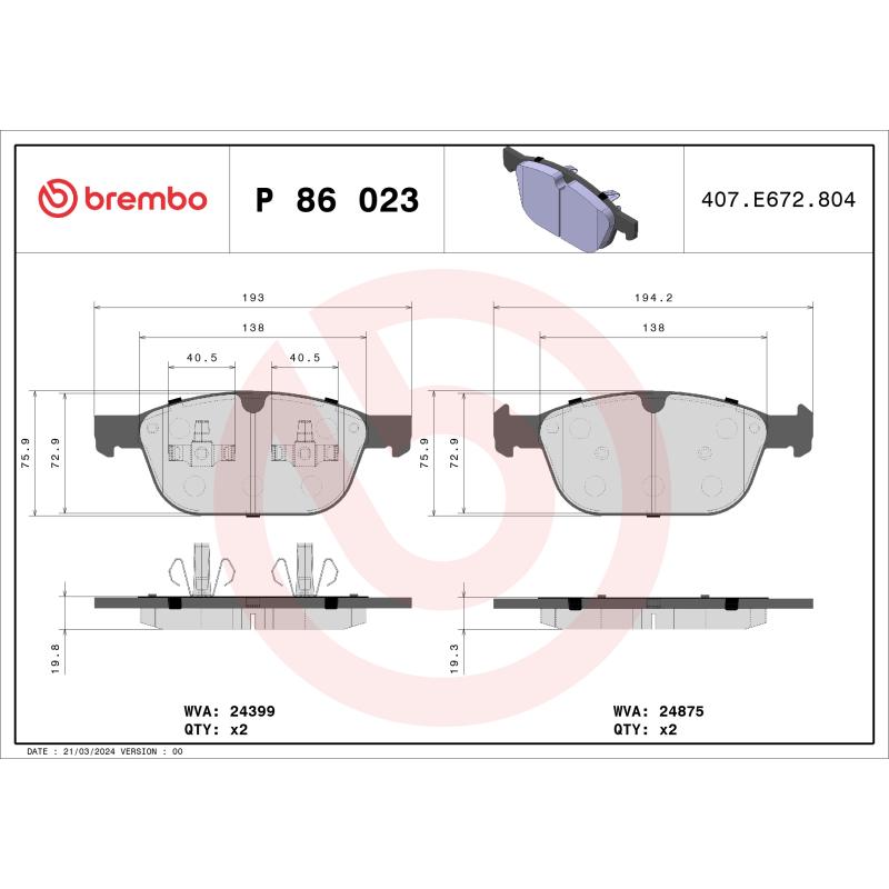 Jeu de 4 plaquettes de frein avant BREMBO P 86 023 - Visuel 1