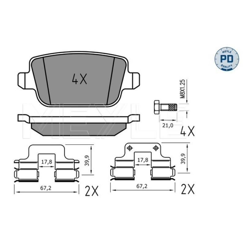 Jeu de 4 plaquettes de frein arrière MEYLE 025 245 3716/PD - Visuel 1