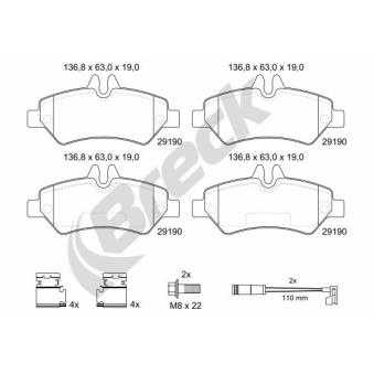 Jeu de 4 plaquettes de frein arrière BRECK OEM A0044206920