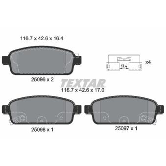 Jeu de 4 plaquettes de frein arrière TEXTAR 2509602 pour MINI MINI 1.6 CDTi - 110cv