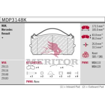 Jeu de 4 plaquettes de frein avant MERITOR OEM 34207220